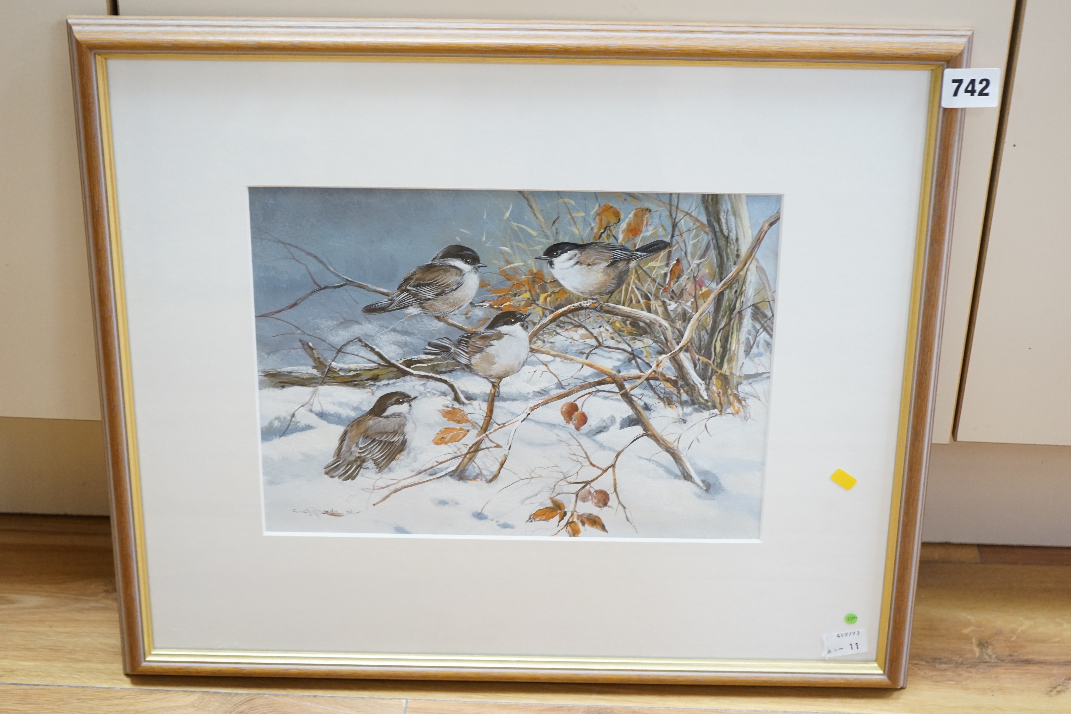Cees Roorda (Dutch, 1942-), watercolour, ‘’Blue tits in a snowy landscape’’, signed, 22 x 30cm